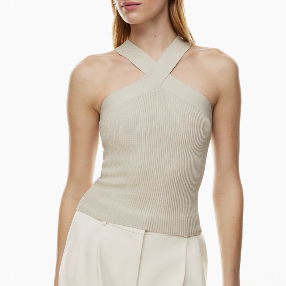 Aritzia Babaton Sculpt Knit Ribbed Crop Criss Cross Tank Top - Beige XS